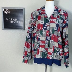 Baroque Red Navy Blue Vintage 80’s Popover Button Up Long Sleeve Top 18